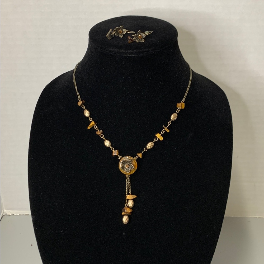 NINA RICCI *NR* VINTAGE NATURAL TIGER'S EYE Necklace & Earring Set